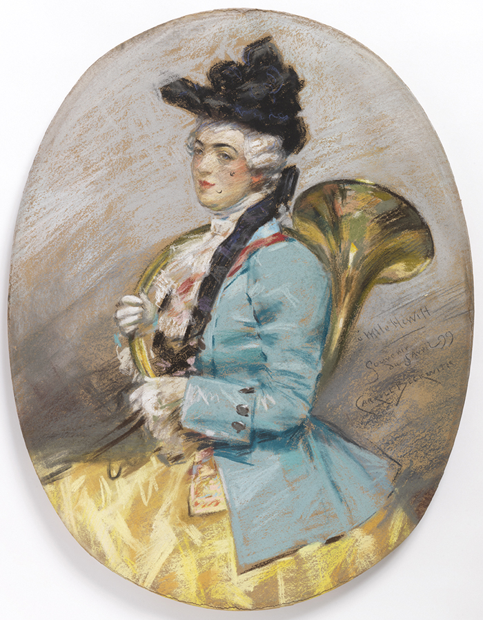 portrait of a lady with horn, blue jacket and yellow skirt and black hat