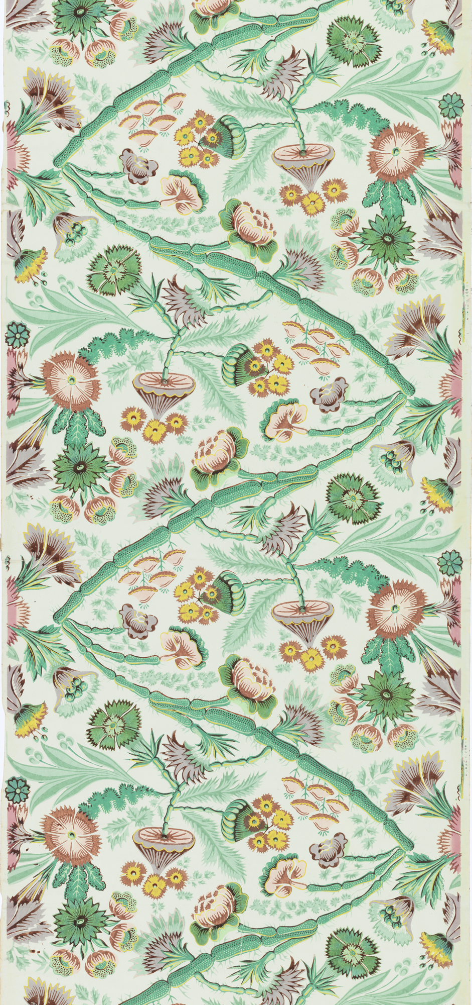 Roll of paper printed in a repeating design of flowers and foliage in the style of Pillement. Roll formed of joined sheets.