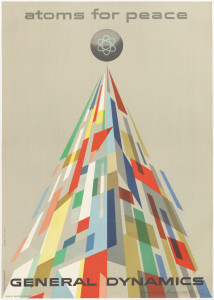 Poster depicts a triangle made up of colored blocks with a black circle at the top with atomic symbol; above: atoms for peace; lower margin: GENERAL DYNAMICS.