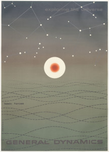 Poster depicts a bright white circle containing a red circle on a ground of gray; above white constellations and below, wavy black lines; lower margin: GENERAL DYNAMICS.