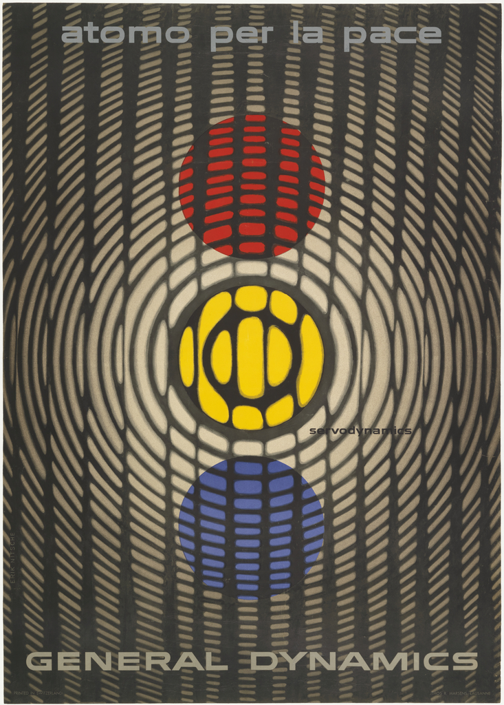 Poster depicts three circles in vertical placement, red, yellow and blue, overlayed by black concentric circles with vertical stripes; somewhat reminiscent of a thumbprint. Upper margin, in gray: atomo per la pace; lower margin: GENERAL DYNAMICS.
