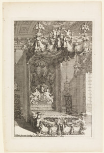 Image features an etching in black ink on white paper, showing an opulent bed with sumptuous hangings in an ornate room. Please scroll down to read the blog post about this object.