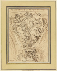 Drawing showing female personification of Truth and Fame on a spandrel