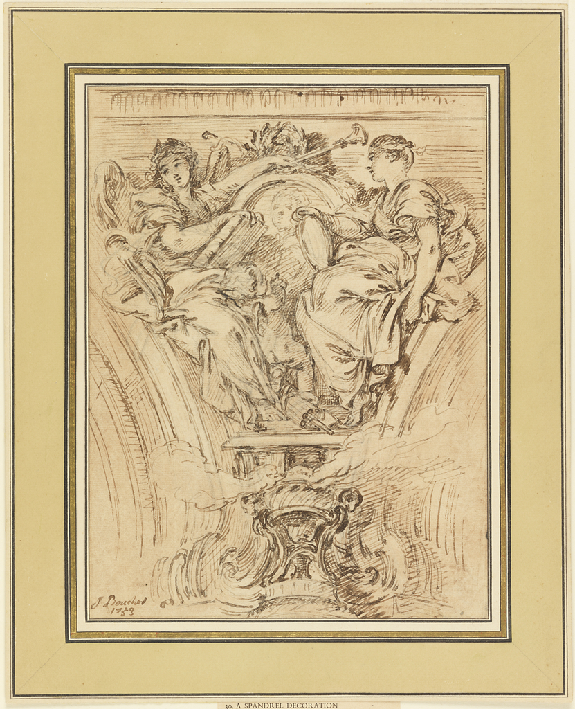 Drawing showing female personification of Truth and Fame on a spandrel