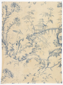 Chinoiserie pattern in blue on a cream colored ground. Two figures, on carrying a standard, mount a fantastical staircase toward a pagoda. Flowers and figures are in the style of French artist Jean-Baptiste Pillement. Rococo style scrolls throughout. Bottom edge bound with white braid. Blue warps at each edge.