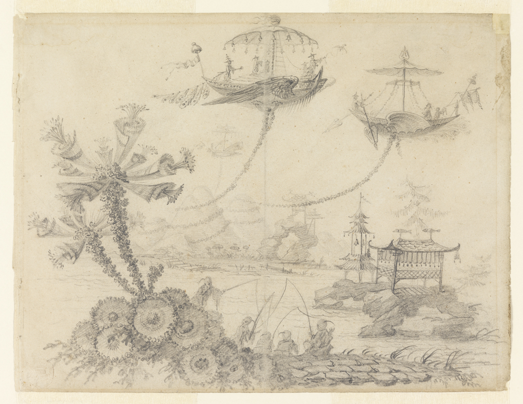 Drawing of a fantasy landscape with flying boats