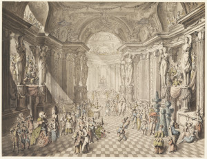 View of a masquerade in a fantastical hall