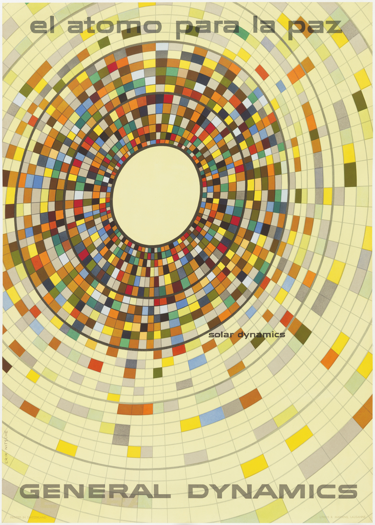 Poster depicts an oculus of digital blocks of color, growing more concentrated as the blocks get smaller and closer to the center. Above: el atomo para la paz; below: GENERAL DYNAMICS; center right: solar dynamics.