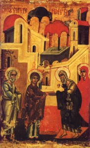 Russian icon with religious figures standing in front of a temple. Behind them, the city is depicted in angular, abstracted shapes.