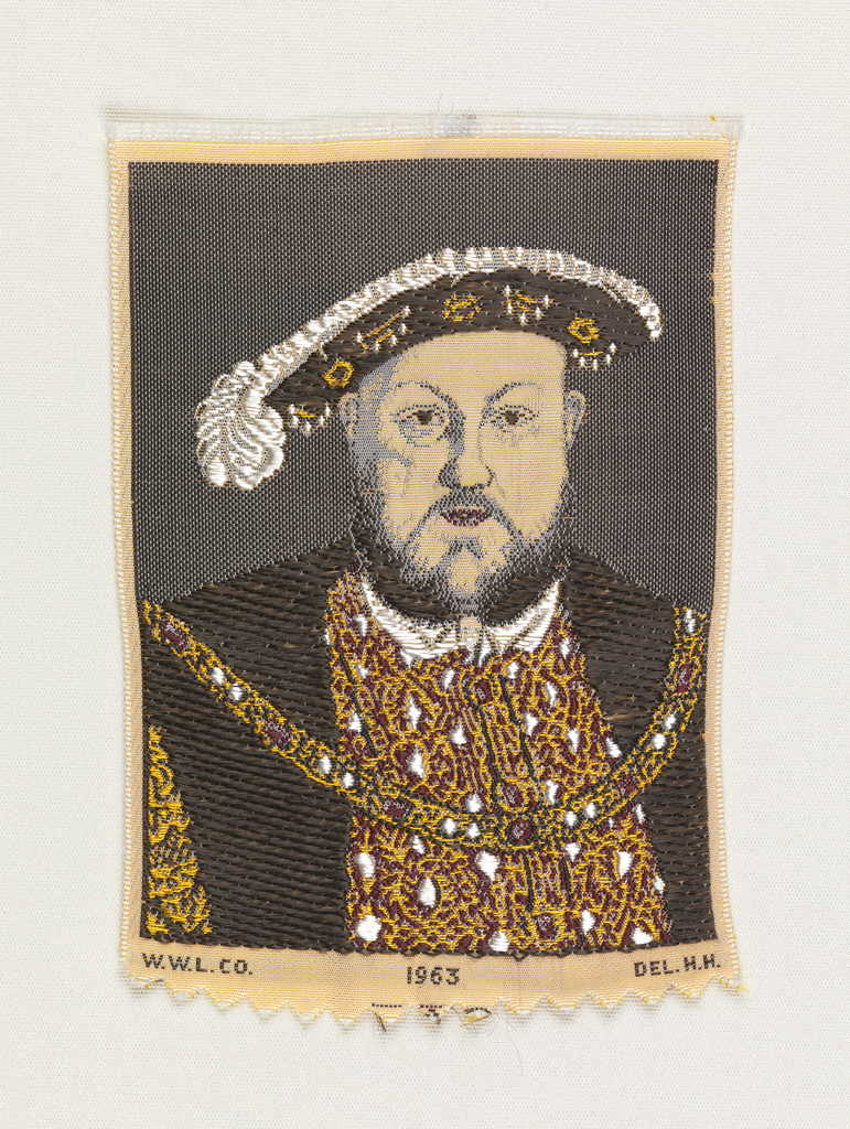 Woven souvenir based on the painting 'Portrait of Henry VIII' (c. 1540) by Hans Holbein the Younger (1497-1543). "W.W.L. CO. 1963 DEL. H.H." appears below the portrait. Black, burgundy, golden-yellow, white, and salmon on white warp.