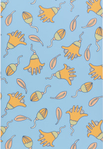 Fanciful, organic shapes, printed in orange, green and pink, on a light blue ground. The large floral motif has a hand-like appearance.