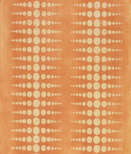 Two columns of scaled dots in pale yellow printed against a background which shades from light to dark orange. The largest dot is printed against the darkest orange. This is the cantaloupe colorway.