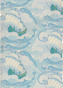 Sanitary wallpaper with repeating design of a large ship at sea, framed within rolling waves and dolphins. Printed in blue and green on white ground.