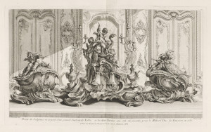 Print showing two elaborate tureens on either side of a rococo centerpiece