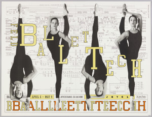 On a white ground of typographic diagrams, four images of a female dancer on Pointe in a black leotard. Across the poster is yellow text that reads: FELD BALLET TECH. In lower margin: APRIL 6 – MAY 9 JOYCECHARGE: 212-242-0800 JOYCE The Joyce Theater / BBAALLLLEETTTTEECCHH.