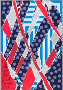 Weltformat festival poster. Sections resembling torn paper overlap with one another. Each section is printed in one of the following patterns: black with grey dots, blue rectangular stripes, and pink with maroon circle. In the bottom left corner, on a pink section, scrawled text reads: "Welt / format / plakat / festival / 12.-20.10.13 / Luzern!"