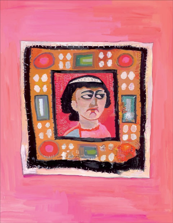 Maira Kalman's painting of a square of wool tapestry containing an almost frontal bust of a woman with dark hair knotted at the back, gazing to her left, on a red ground. Broad frame imitating gold set with cabochons and rectangular faceted jewels in blue, green, red and white. The woman is wearing a pink garment with perhaps a mantle of sky blue on her right shoulder; she wears a white band in her hair, which is mingled dark blue and brown wefts.