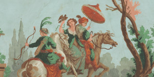 A painting of three individuals on two horses. One holds a bow and one holds a parasol for the lady seated behind him. They appear to be reveling or having a leisurely time.