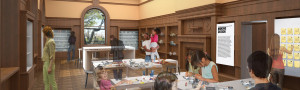 computer rendering of a wood-paneled room full of people doing activities on tables and looking at things on the walls.