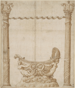 A ship-shaped bowl, supported by two mermaids, is surmounted upon a base representing the sea. The bowl is flanked by two high columns with mermaid finials connected to each other by a pole entwined with ribbon. Traces of framing lines are visible at the edges of the sketch.