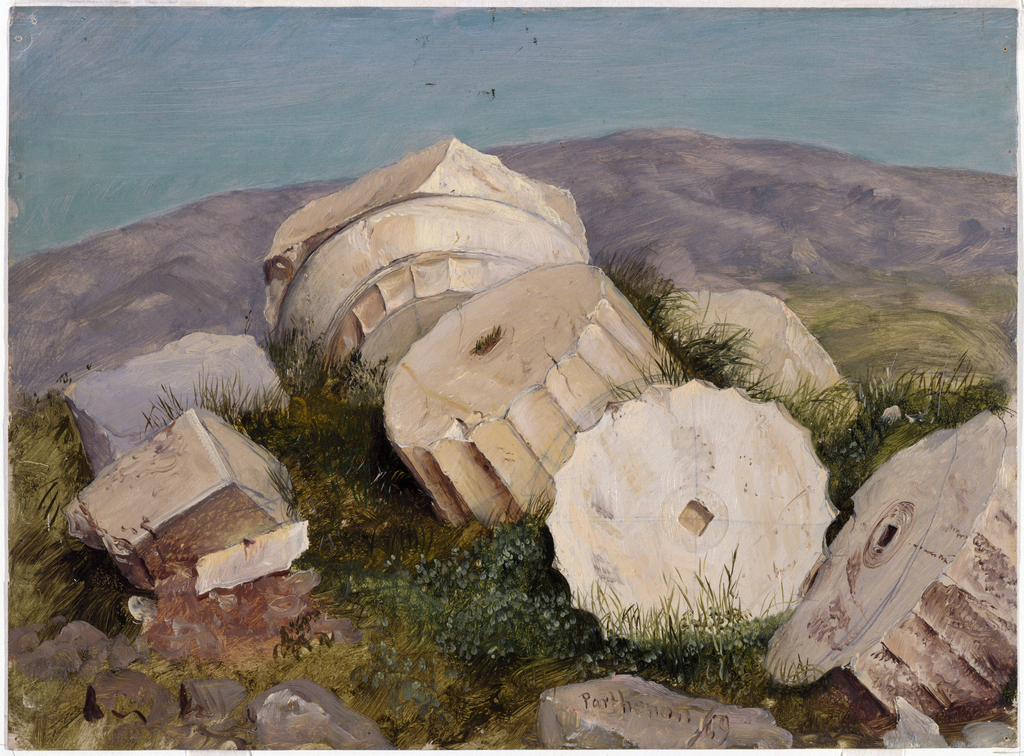 An oil sketch of antique column fragments scattered on a hill, with a purple mountain arching in the distance.
