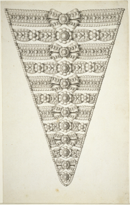 Design for stomacher in diamonds and pearls with alternating rows of blossoms and bows in the center.