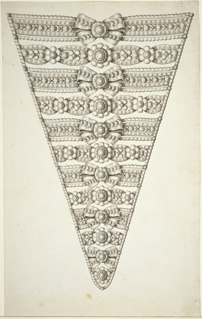 Design for stomacher in diamonds and pearls with alternating rows of blossoms and bows in the center.