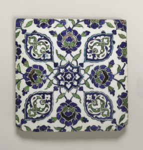 geometric foliate patterns in green and blue