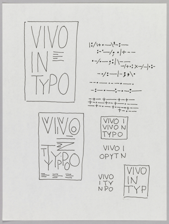 Vivo in Typo written in four rectangles of varying size, oriented vertically. The phrase also appears twice without a rectangular framework. Elsewhere on the page, series of dots and dashes are drawn, as if in code.