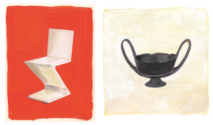 Maira Kalman paintings of Zig-Zag chair and a kantharos.