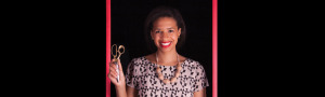 a young woman standing inside of a picture frame and holding a pair of scissors in the air