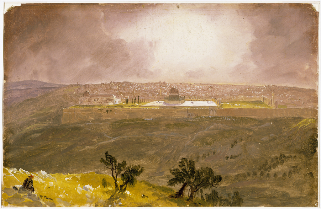 Horizontal rectangle. A part of the hill with two groups of trees and a seated Arab is shown in the left and central foreground. In the right foreground and in the middle distance view across the Valley of Jesophat.