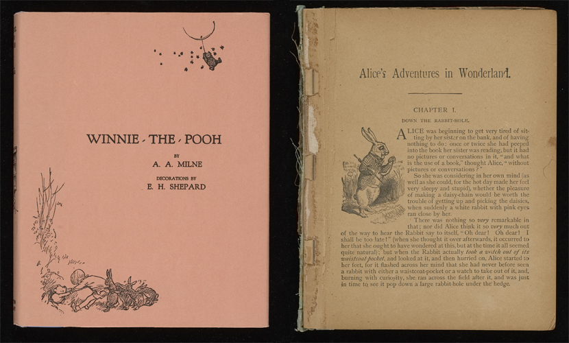 Two library books, Alice in Wonderland and Winnie-The-Pooh