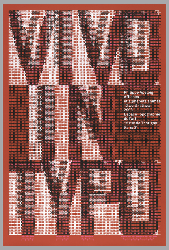 Poster featuring the text "VIVO IN TYPO" composed of red, black and white computer-generated punctuation marks. Additional text with details of exhibition printed in white at the right hand side.