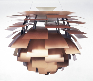 Ceiling-hung light, the segmented artichoke-like form with copper leaves supported on metal framework.