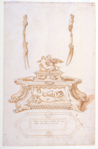 Fork at top left with end of handle formed by female bust; an extended volute forms length of handle which connects to a satyr whose legs tranform into two fork tines. Spoon at top right has handle formed by satyr-herm whose lower half extends to connect to bowl of spoon with two opposing scrolls and a mask. Design for saltcellar and egg dish in center; figures of Leda and the swan at top of vessel upon a raised rectangular plinth; relief panel with two swans on front side of plinth; lower part of vessel is six-sided with round well for holding an egg on each end and projecting seashell to hold salt in center front; front panel displays figure of Venus reclining on the sea with one elbow resting on a dolphin and other hand holding reigns of two dolphins, ornamental curtain above the scene; dolphin heads on lower corners form the feet; guilloche ornament borders the lower edge; oval reserves with figures on angled sides. Plan of vessel at bottom, inscription located within the rectangle framing for the raised plinth and between the seashell shapes for the salt and round shapes for the eggs.