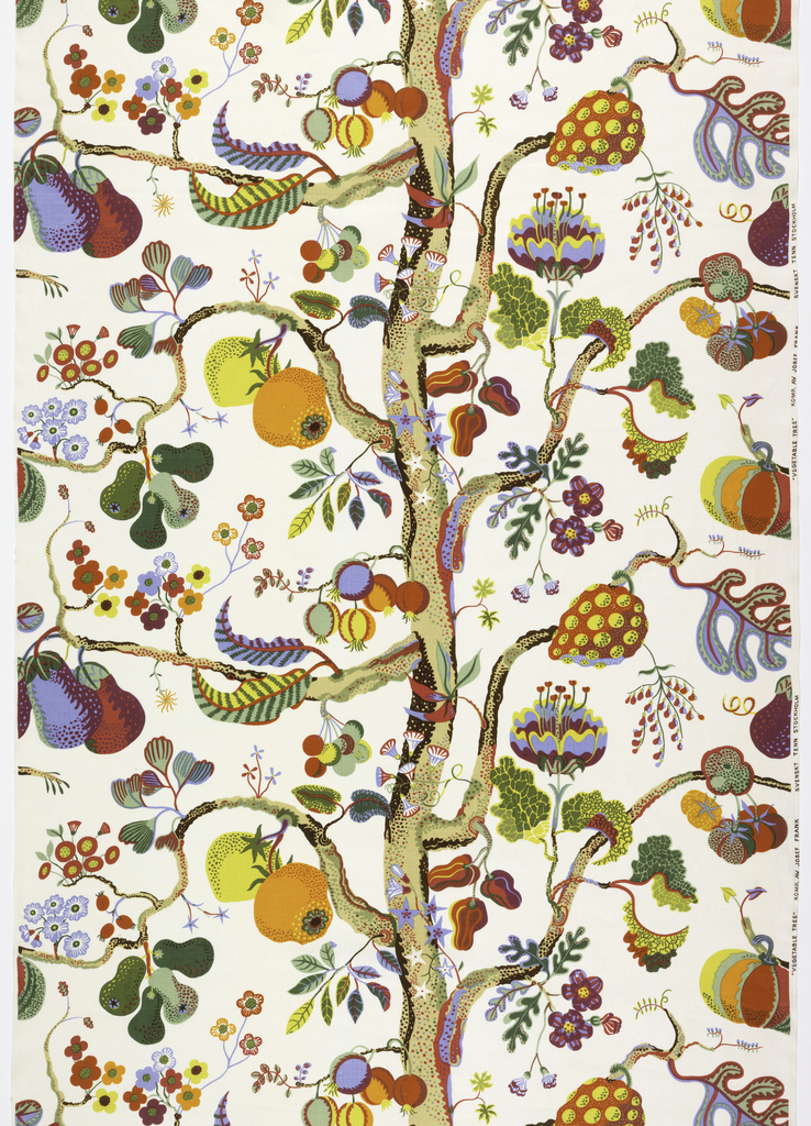 Fanciful repeating textile pattern with a variety of brightly-colored fruits, vegetables, and flowers growing from the same narrow, curving tree trunk.