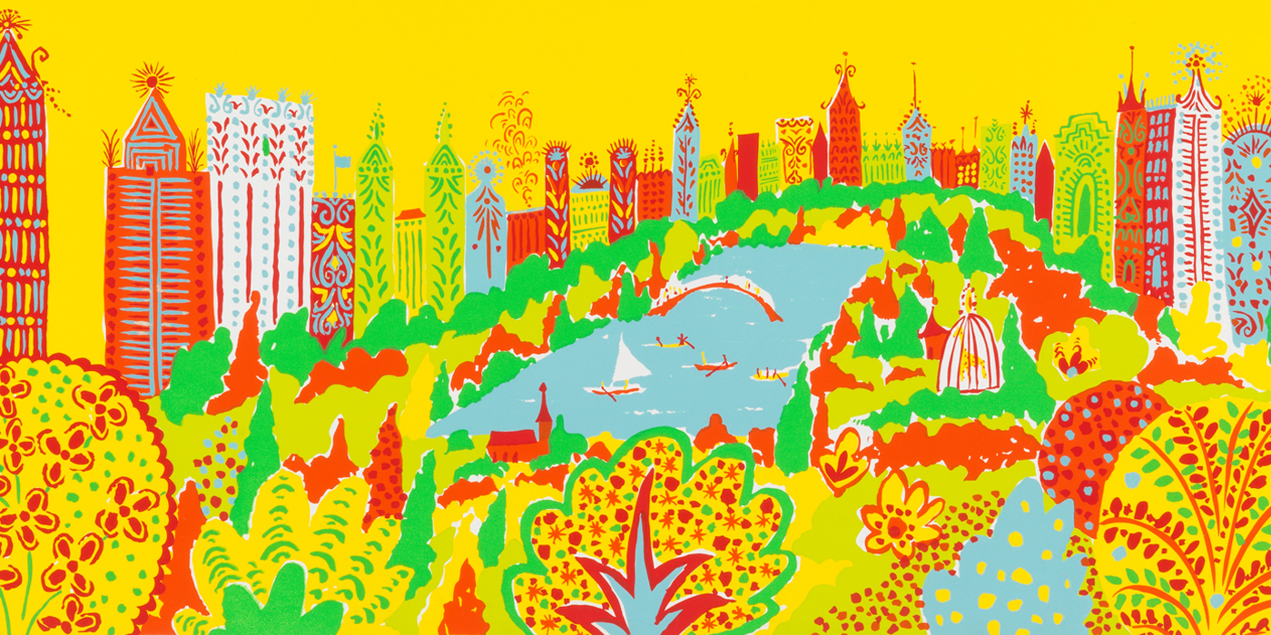 Poster of a cityscape, in yellow, red, blue, and green, from Central Park perspective, surrounded by buildings.