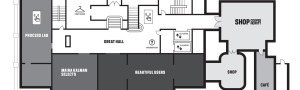 a floor plan diagram including coat check, cafe and shop