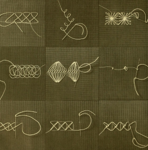 A grid of nine different close-ups of different embroidery stitches, as if for teaching purposes