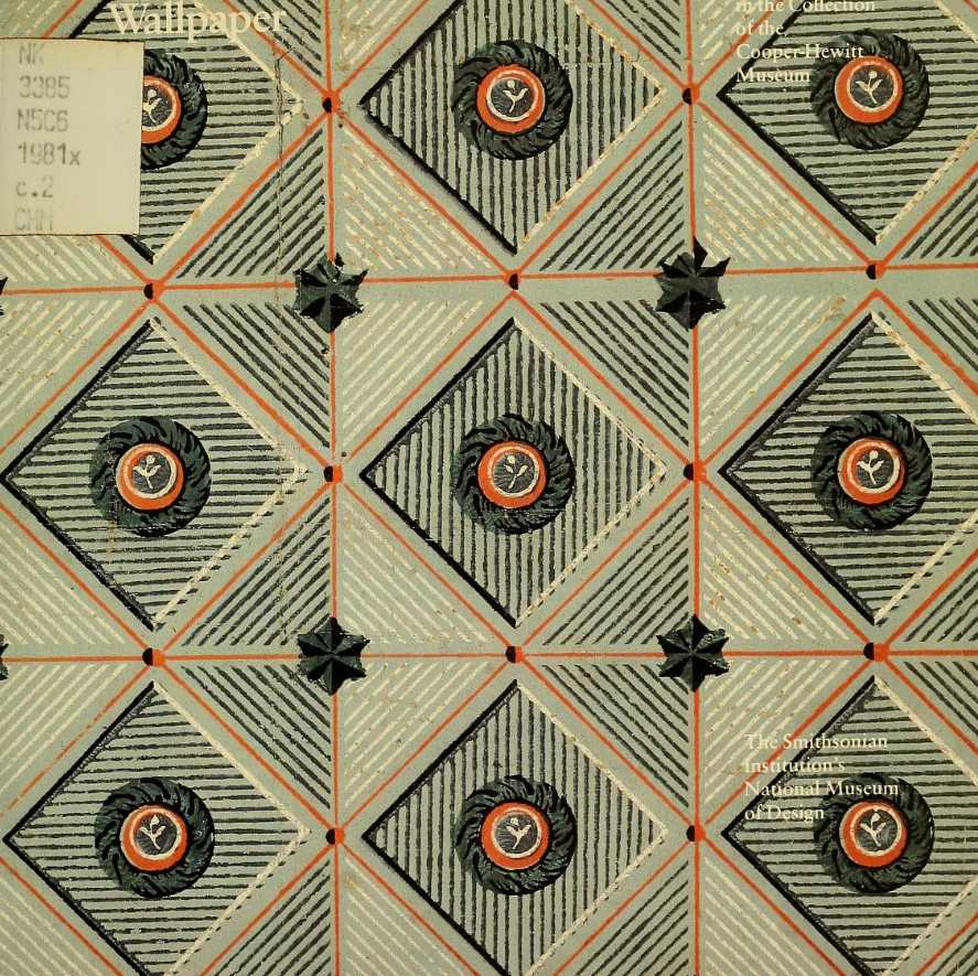 a repeating geometric pattern of gray, white and orange lines, stars and circles.