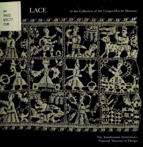 a very detailed piece of lace showing people, plants and animals in a brady-bunch like grid against a black backdrop