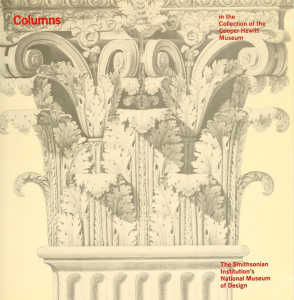 Sketch of an ornate top portion of a white carved column, with lots of peeling leaves and coils.