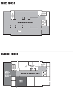 black and white floor plan of a building with exhibition names and other landmarks
