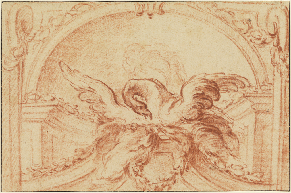 Within a semi-circular architectural niche an eagle, wings outspread, rests on a socle, before which is suspended a wreath. Smoke rises in the background; an arch above, and volute brackets at either side. Ink framing lines. On verso, written: "Babel."