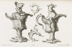 Two designs epitomizing the fantastical asymmetric rococo spirit, possibly to be produced in gold or silver. At left, a vase-like form decorated with shell motifs, acanthus leaves and c- and s-scrolls. At right, an ewer form decorated with shell, leave and c- and s-scrolls. Two auricular fragments are placed between the two objects.
