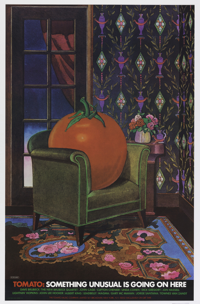 Full-page color illustration of giant tomato sitting in green armchair in room with floral rug in foreground, decorative wallcovering and window in background. Beneath image is text listing various musical groups.