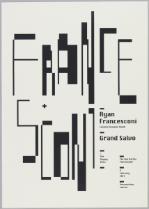 The surname "Francesconi" is printed in two registers (France / sconi) in narrow, pixelated black letters on a white ground. The letters are staggered and uneven. In the lower right, smaller text blocks give information about the concert.