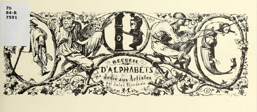 a line drawing, very ornate with leaves and flowers, showing highly flourished letters A, B, and C being painted by large figures in the scene.