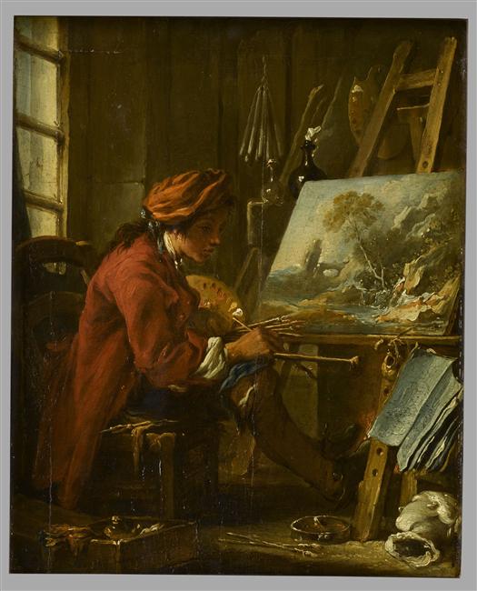 Image of a young painter sitting in his studio, painting a landscape